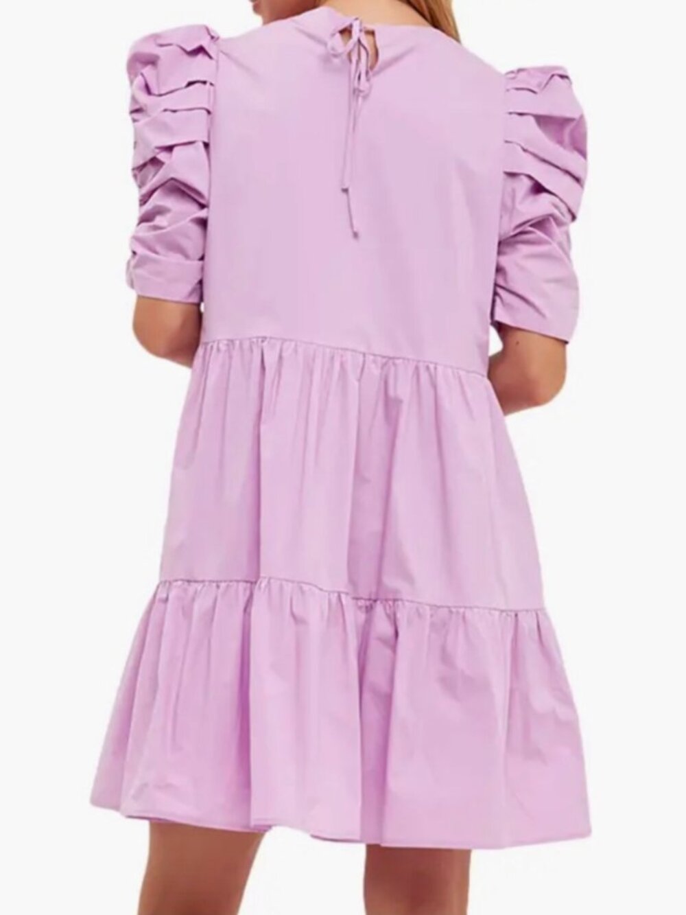 English Factory Tiered Ruched Puff Sleeve Mini Dress NWT, Lilac - Size S